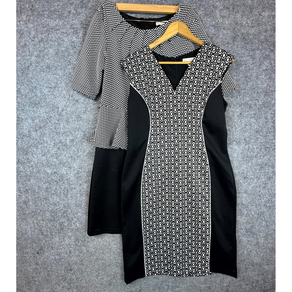 Lot of 2 CB Sheath Dress Women 12 Black White Geometric Peplum Office Chic